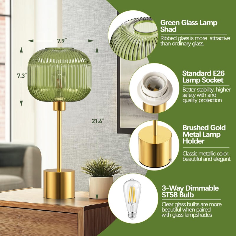 QiMH Glass Table Lamp for Living Room, Modern Bedside Lamp with Green Ribbed Glass Shade, 3-Way Dimmable Touch Control Nightstand Lamp for Bedroom, Brushed Gold (2700K LED Bulb Included) - Image 4