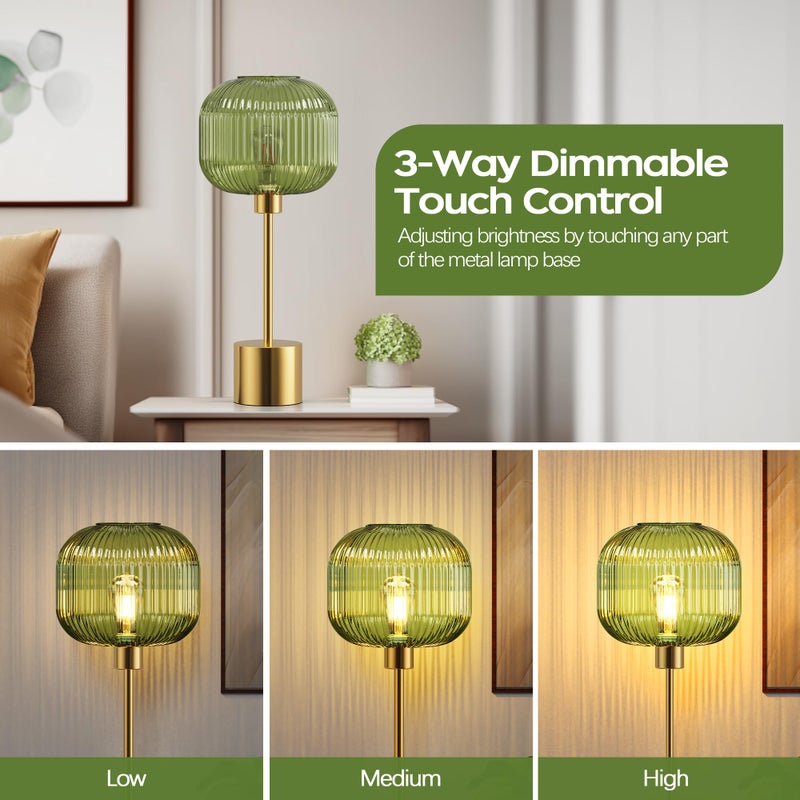 QiMH Glass Table Lamp for Living Room, Modern Bedside Lamp with Green Ribbed Glass Shade, 3-Way Dimmable Touch Control Nightstand Lamp for Bedroom, Brushed Gold (2700K LED Bulb Included) - Image 2