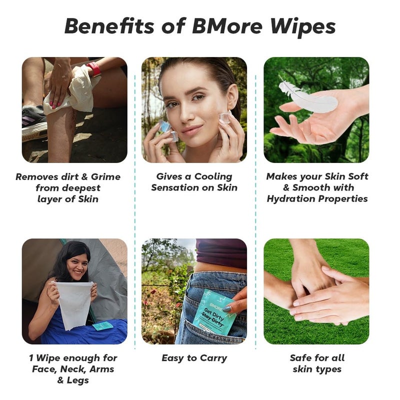 BMORE Biodegradable Individually Wrapped Face and Body Wet Wipes | Large 30x30 cm | Daily Use Travel and Outdoor | Charcoal and Mint Pocket Wipes (Pack of 100) - Image 5