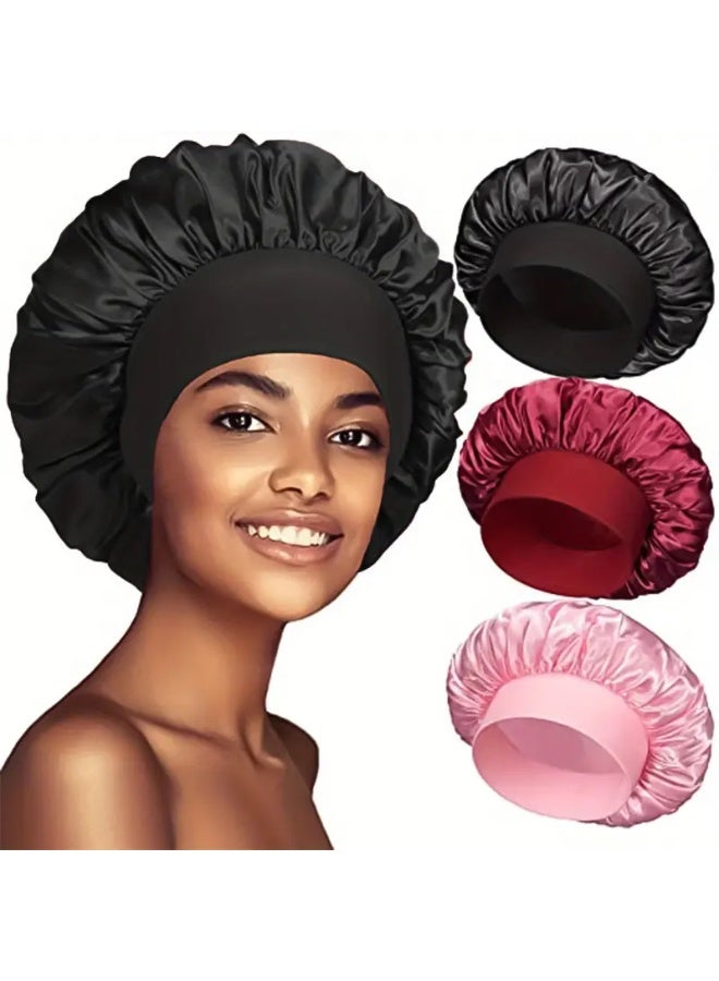 Satin Silk Bonnet for Women (3-Pack) Soft Double Sided Scarf Curly Hair Wrap Hat Headwear Head Cover Sleeping - Soft and Comfortable Sleep Cap for Hair Care and Protection One Size (Pack-A)