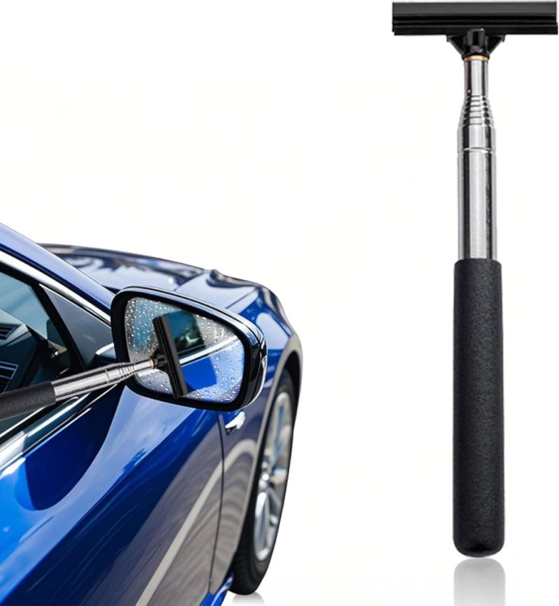 Retractable Side Mirror Squeegee 22-98Cm X 6.5Cm Black - Non-Scratch Natural Rubber Blade Telescopic Handle Portable Car Window Cleaner for Rainy Weather Home Glass - Image 1