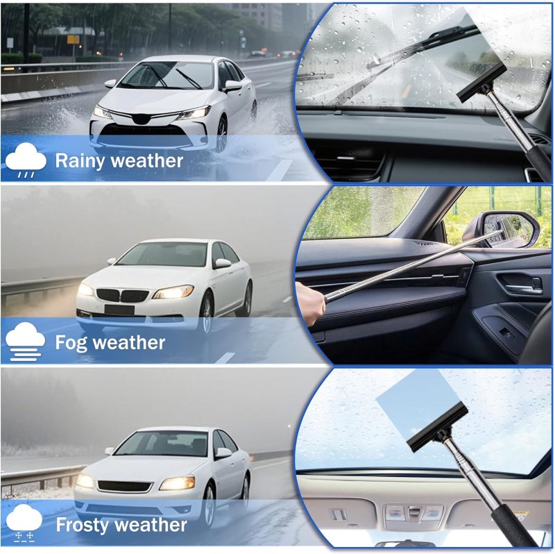 Retractable Side Mirror Squeegee 22-98Cm X 6.5Cm Black - Non-Scratch Natural Rubber Blade Telescopic Handle Portable Car Window Cleaner for Rainy Weather Home Glass - Image 3