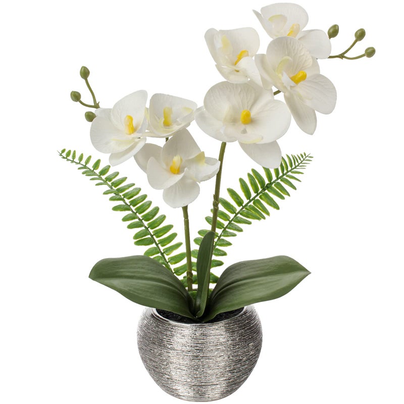 Briful Artificial Orchid Plants White Orchid Real Touch Flowers Artificial Phalaenopsis Flower Stems in Silver Ceramic Pot Fake Orchid Flowers for Home Decor Wedding Table Centerpiece