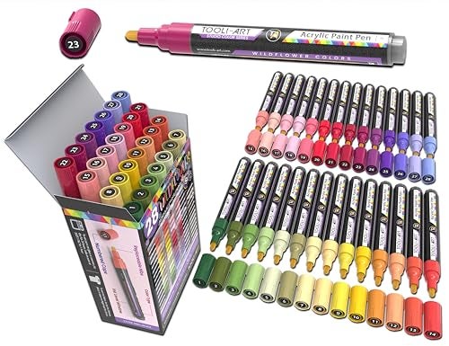 TOOLI-ART 28 Wildflower Colors Acrylic Paint Pens Studio Color Series Markers Set 3mm Medium Tip Rock Painting Glass Mugs Wood Metal Canvas DIY Projects Detailing Non Toxic Waterbased Quick Drying - Image 1