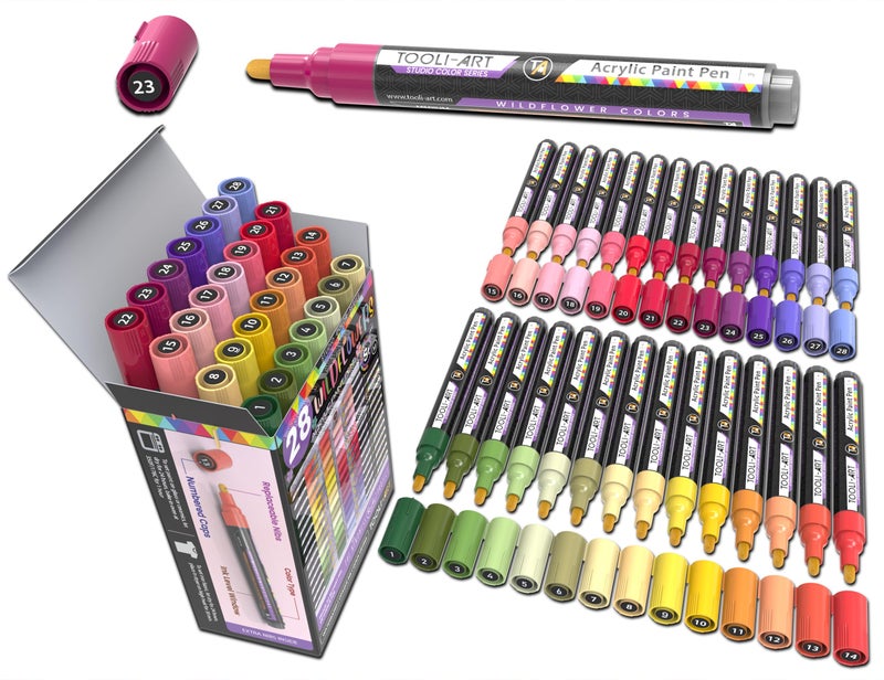 TOOLI-ART 28 Wildflower Colors Acrylic Paint Pens Studio Color Series Markers Set 3mm Medium Tip Rock Painting Glass Mugs Wood Metal Canvas DIY Projects Detailing Non Toxic Waterbased Quick Drying - Image 2