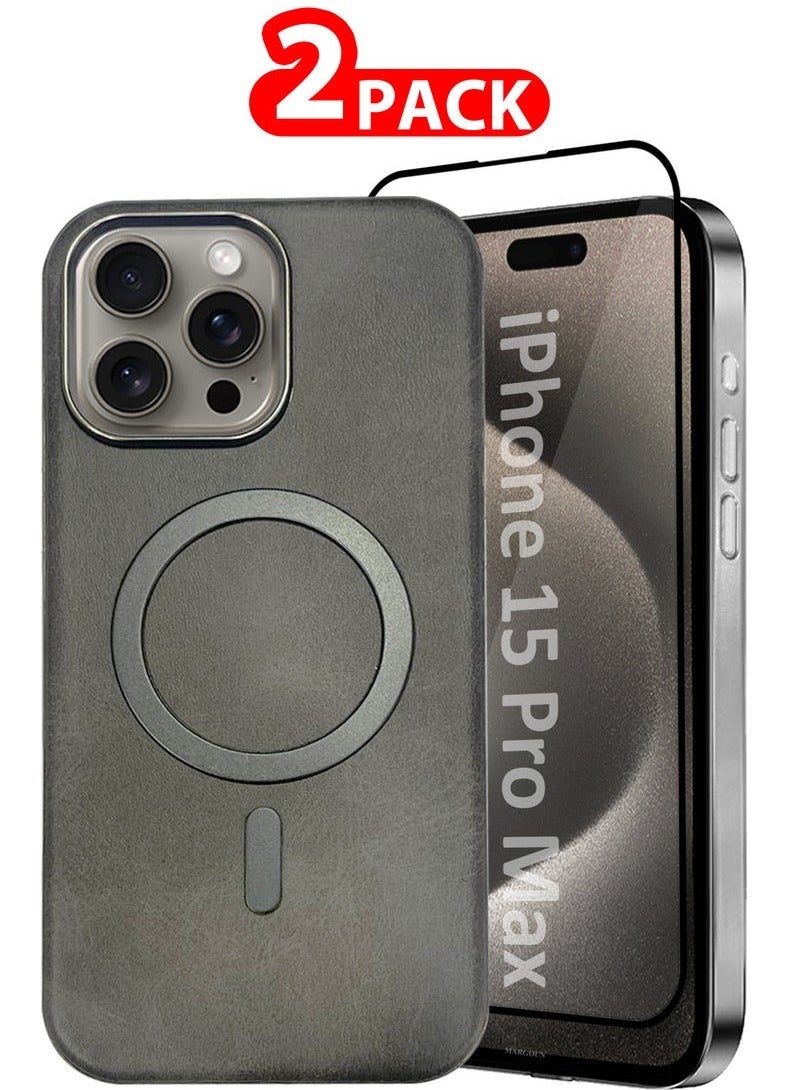 CATANES iPhone 15 Pro Max Leather Case 2 Pack, 1 Case 1 Screen Protector, Compatible with Magsafe, Vintage Aesthetic, Comfort Grip, Camera Bump Frame