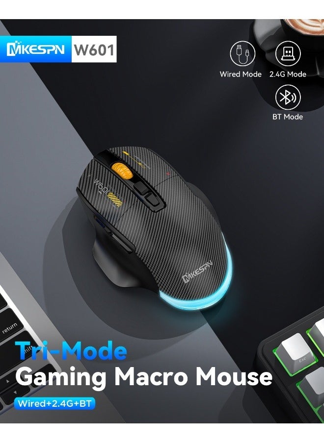 Tri-Mode Wireless Gaming Mouse – 12800DPI Adjustable, Carbon Fiber Lightweight Design, Type-C Fast Charging, Silent Clicks, Programmable Macros, Ideal for Gaming, Office, and Travel – Bluetooth/2.4G