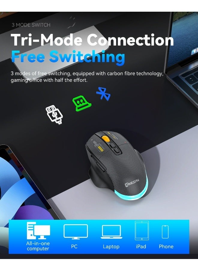 Tri-Mode Wireless Gaming Mouse – 12800DPI Adjustable, Carbon Fiber Lightweight Design, Type-C Fast Charging, Silent Clicks, Programmable Macros, Ideal for Gaming, Office, and Travel – Bluetooth/2.4G