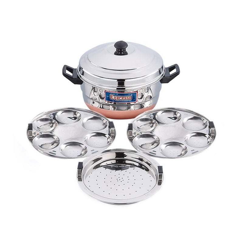 Expresso Stainless Steel Gas Stove Base Standard Idly Cooker Patra w/Copper Bottom (2 Plates / 12 Idlis, 1 Steamer) - Image 5
