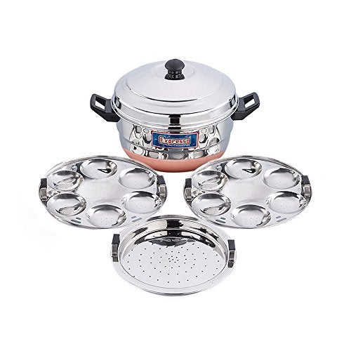 Expresso Stainless Steel Gas Stove Base Standard Idly Cooker Patra w/Copper Bottom (2 Plates / 12 Idlis, 1 Steamer) - Image 1