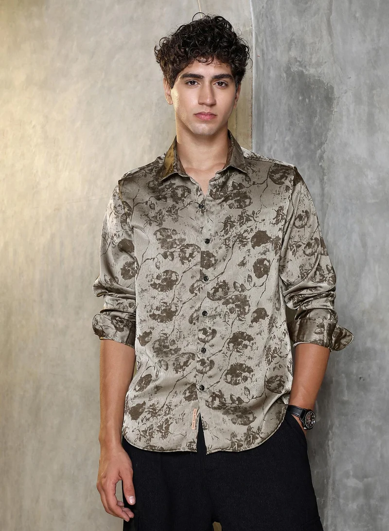 Campus Sutra Campus Sutra Men Faded-Flora Jacquard Shirt | Jacquard-Weave With Abstract Floral Pattern & Spread Collar | Cotton-Blend Fabric & Regular Fit | Casual & Club Wear Full Sleeve Design | Wenge Brown