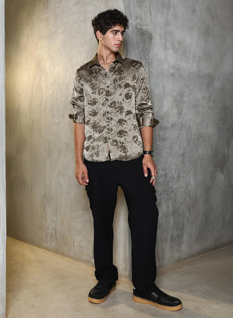Campus Sutra Campus Sutra Men Faded-Flora Jacquard Shirt | Jacquard-Weave With Abstract Floral Pattern & Spread Collar | Cotton-Blend Fabric & Regular Fit | Casual & Club Wear Full Sleeve Design | Wenge Brown