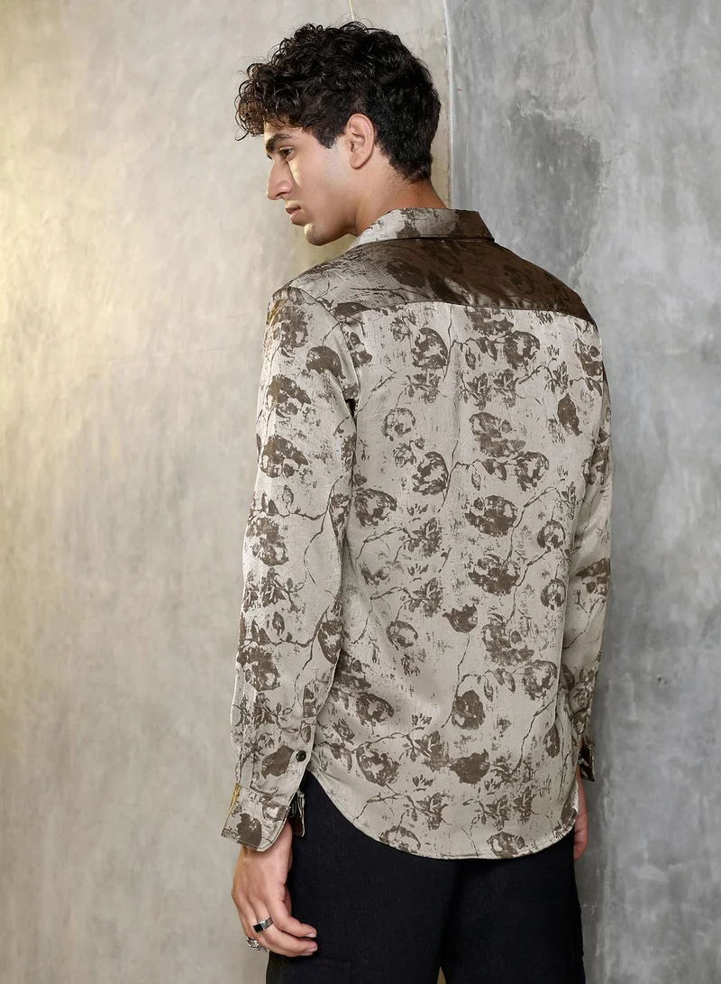 Campus Sutra Campus Sutra Men Faded-Flora Jacquard Shirt | Jacquard-Weave With Abstract Floral Pattern & Spread Collar | Cotton-Blend Fabric & Regular Fit | Casual & Club Wear Full Sleeve Design | Wenge Brown