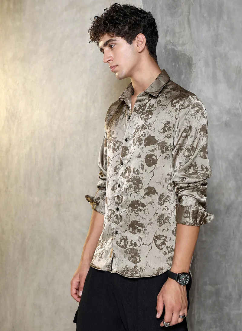 Campus Sutra Campus Sutra Men Faded-Flora Jacquard Shirt | Jacquard-Weave With Abstract Floral Pattern & Spread Collar | Cotton-Blend Fabric & Regular Fit | Casual & Club Wear Full Sleeve Design | Wenge Brown