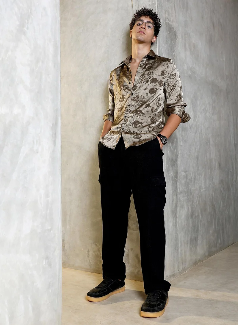 Campus Sutra Campus Sutra Men Faded-Flora Jacquard Shirt | Jacquard-Weave With Abstract Floral Pattern & Spread Collar | Cotton-Blend Fabric & Regular Fit | Casual & Club Wear Full Sleeve Design | Wenge Brown