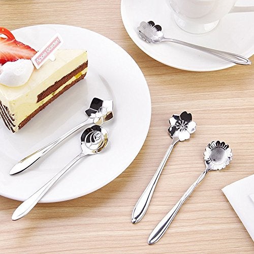ERCRYSTO Stainless Steel Tableware - Creative Flower Coffee and Tea Spoons, Stirring and Mixing Set of 8 Different Patterns - Image 5