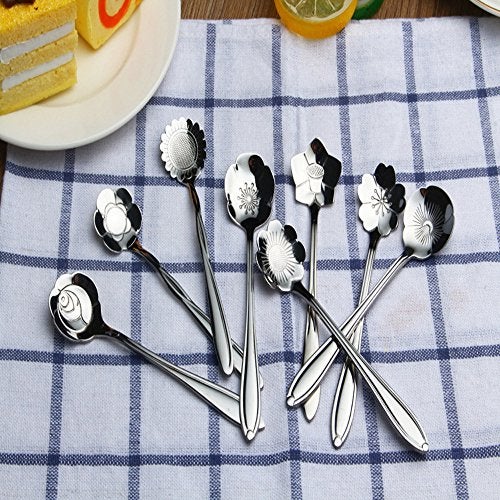 ERCRYSTO Stainless Steel Tableware - Creative Flower Coffee and Tea Spoons, Stirring and Mixing Set of 8 Different Patterns - Image 4