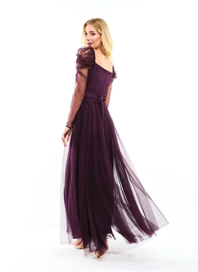 هاوس اوف مودا Gathered Bodice Puff Sleeve Maxi Dress in Flocked Mesh