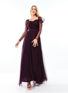 House of Moda Gathered Bodice Puff Sleeve Maxi Dress in Flocked Mesh by Styli  - Image 2