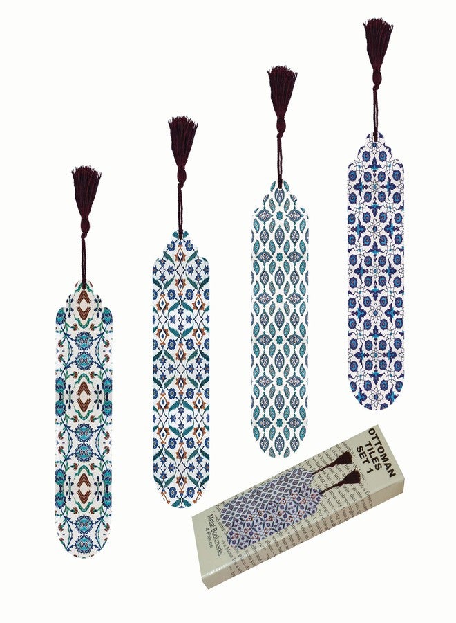 Pictor Gift مجموعة فواصل كتب مزخرفة من 4 قطع من بلاط العثماني من Pictor Gift، رمضان، عيد مبارك، معدن إسلامي مضغوط مع ظهر من جلد الغزال... (مجموعة بلاط عثماني 1) - Image 1