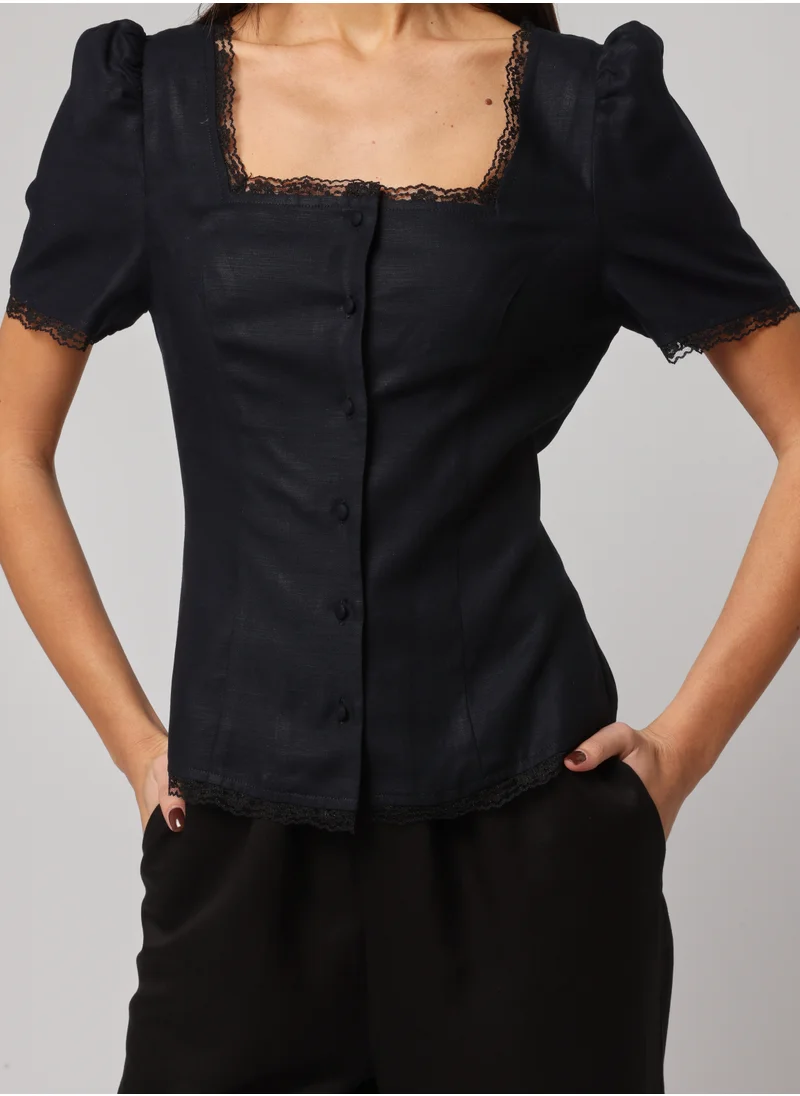 أشيتا فرنانديز Ashita Fernandes Tara Top – Tailored Linen Blend with Puff Sleeves & Square Neckline | Button-Down Vintage-Inspired Elegance in Midnight Black