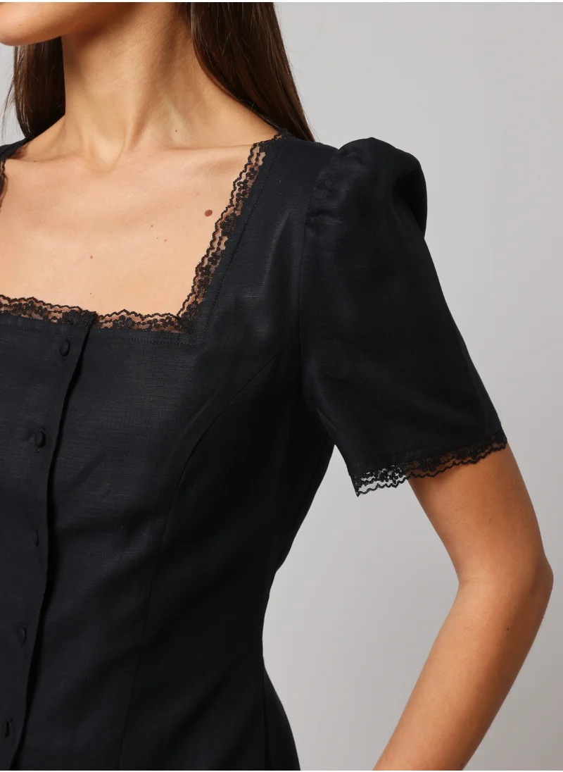 أشيتا فرنانديز Ashita Fernandes Tara Top – Tailored Linen Blend with Puff Sleeves & Square Neckline | Button-Down Vintage-Inspired Elegance in Midnight Black