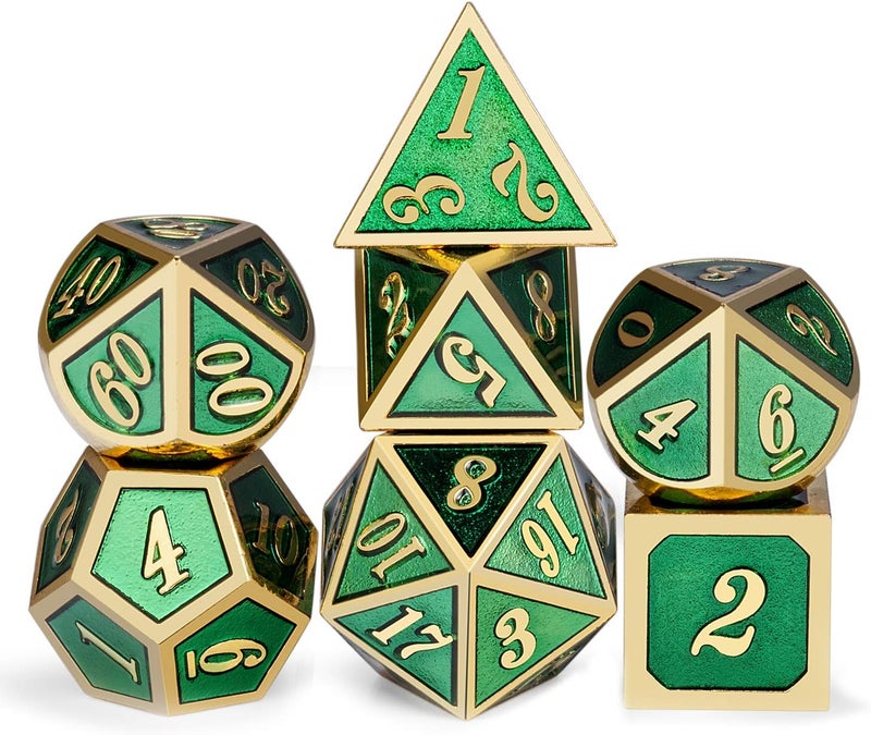 DNDND Metal Dice Set D&D, 7 Die Green DND Dice with Metal Case for Dungeons and Dragons Role Playing Game and Tabletop Games (Gold Number with Enamel Green) - Image 1
