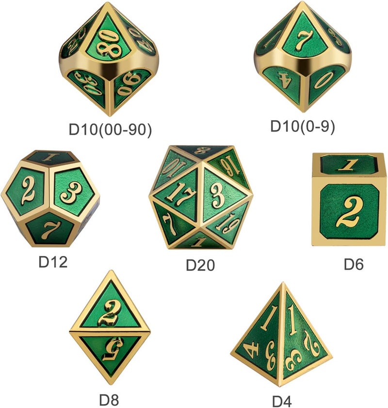 DNDND Metal Dice Set D&D, 7 Die Green DND Dice with Metal Case for Dungeons and Dragons Role Playing Game and Tabletop Games (Gold Number with Enamel Green) - Image 3