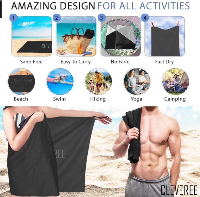 CLEVEREE Beach Towel for Men and Women 150x 90cm- Large Towel- Swimming Microfiber Towel- Highly Absorbent Fast drying Towel- Beach Towels for Adults With Carry bag (Bold Black) - Image 5