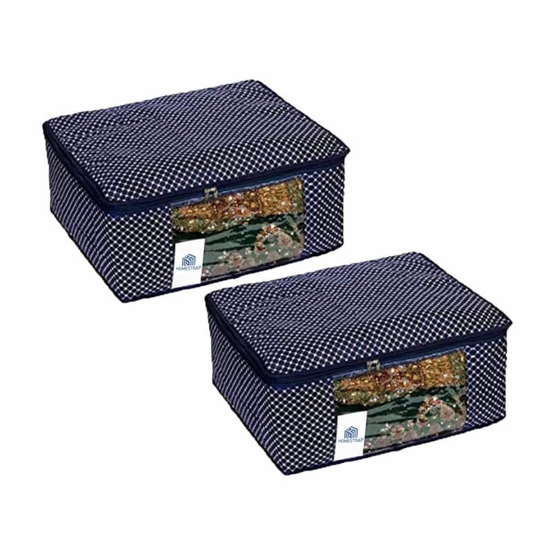 Homestrap Set of 2 Cotton Quilted 3 Layered Foldable Saree Covers/Clothes Storage Bag/Wardrobe Organizer With Transparent Window And Zip For Lehenga, Suit, Dress (Navy Blue) - Image 2