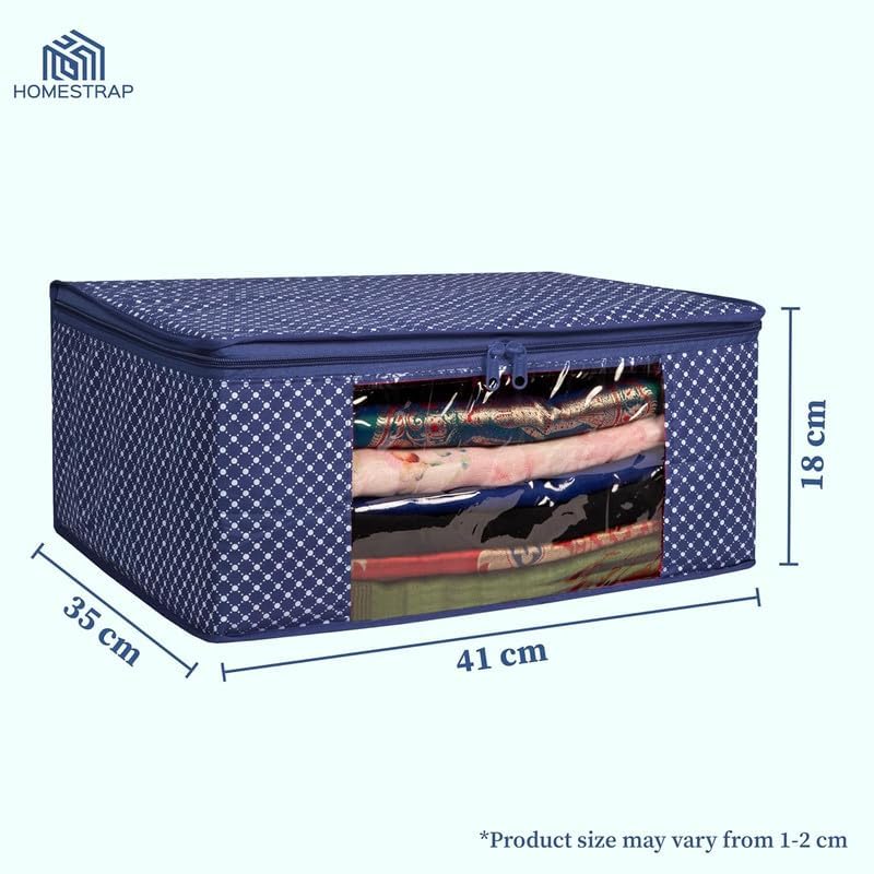 Homestrap Set of 2 Cotton Quilted 3 Layered Foldable Saree Covers/Clothes Storage Bag/Wardrobe Organizer With Transparent Window And Zip For Lehenga, Suit, Dress (Navy Blue) - Image 3