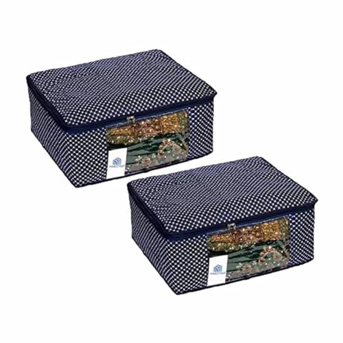 Homestrap Set of 2 Cotton Quilted 3 Layered Foldable Saree Covers/Clothes Storage Bag/Wardrobe Organizer With Transparent Window And Zip For Lehenga, Suit, Dress (Navy Blue) - Image 1