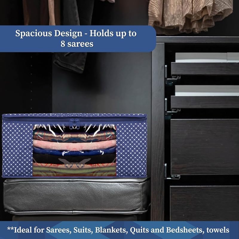 Homestrap Set of 2 Cotton Quilted 3 Layered Foldable Saree Covers/Clothes Storage Bag/Wardrobe Organizer With Transparent Window And Zip For Lehenga, Suit, Dress (Navy Blue) - Image 5