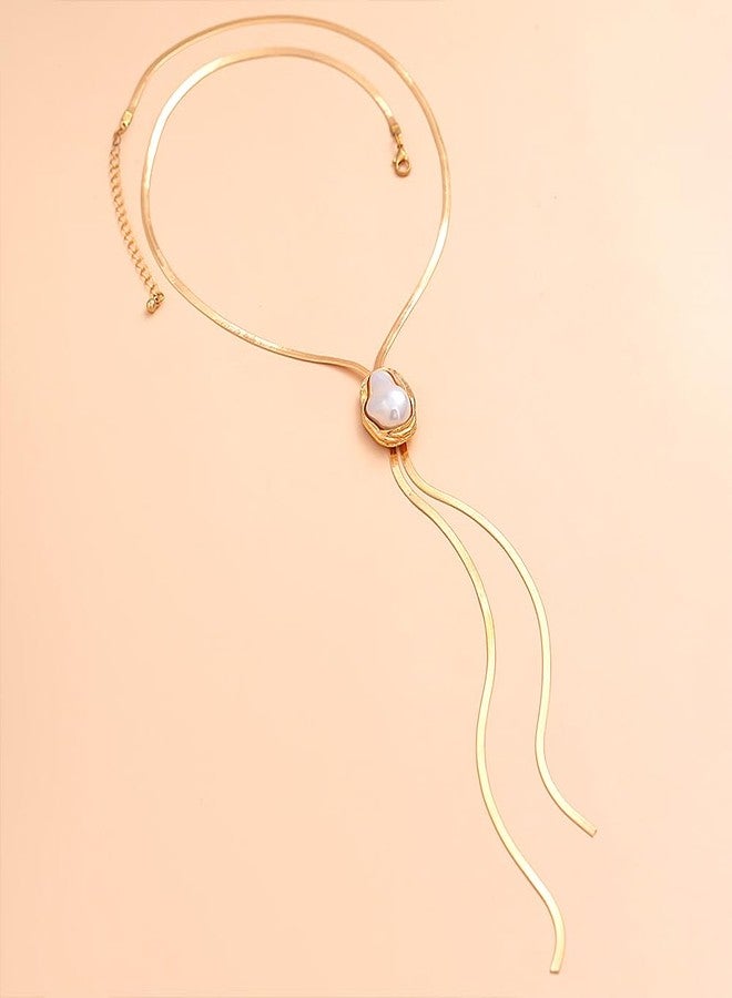 FUTIMELY Gold Herringbone Chain Baroque Pearl Y Necklace,Trendy Flat Snake Bone Link Chunky Irregular Pearl Long Necklace Cool Aesthetic Jewelry (Gold) - Image 5