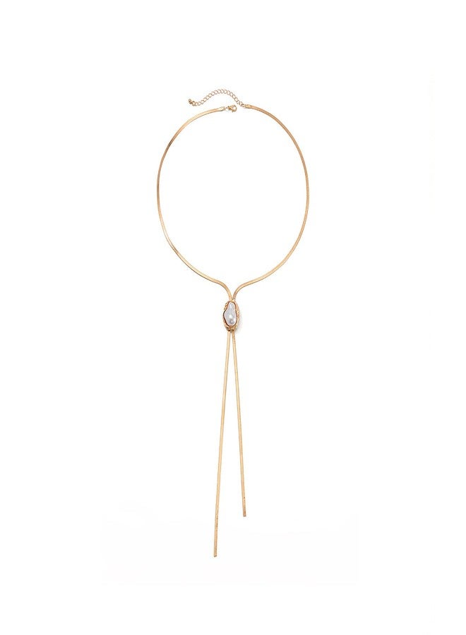 FUTIMELY Gold Herringbone Chain Baroque Pearl Y Necklace,Trendy Flat Snake Bone Link Chunky Irregular Pearl Long Necklace Cool Aesthetic Jewelry (Gold) - Image 1