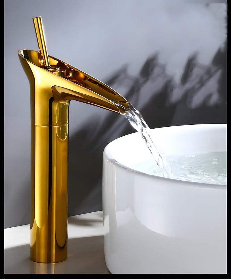 24x7 eMall Gold Basin Mixer Faucet Tap Hot and Cold, 12 Inch Height Golden Waterfall for Bathroom Toilet Wash Basins - 30 cm Height. - Image 1