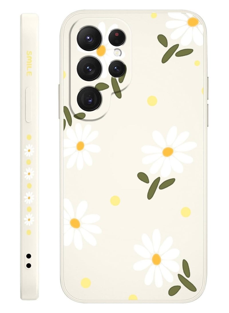 غطاء هاتف سامسونج جالاكسي S25 الترا، سيلكون ناعم وقابل للانزلاق، غطاء هاتف سامسونج S25 الترا بحجم 6.9 بوصة، أبيض مزخرف بالأقحوان - Image 1