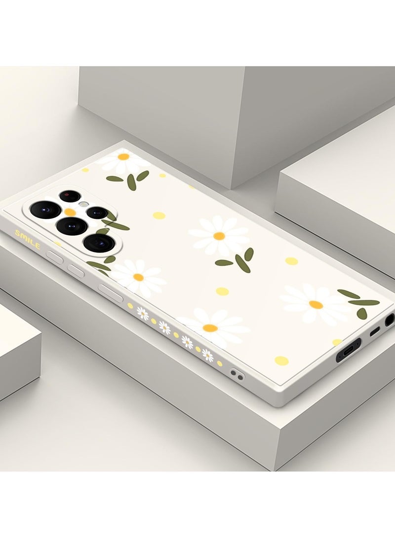 غطاء هاتف سامسونج جالاكسي S25 الترا، سيلكون ناعم وقابل للانزلاق، غطاء هاتف سامسونج S25 الترا بحجم 6.9 بوصة، أبيض مزخرف بالأقحوان - Image 2