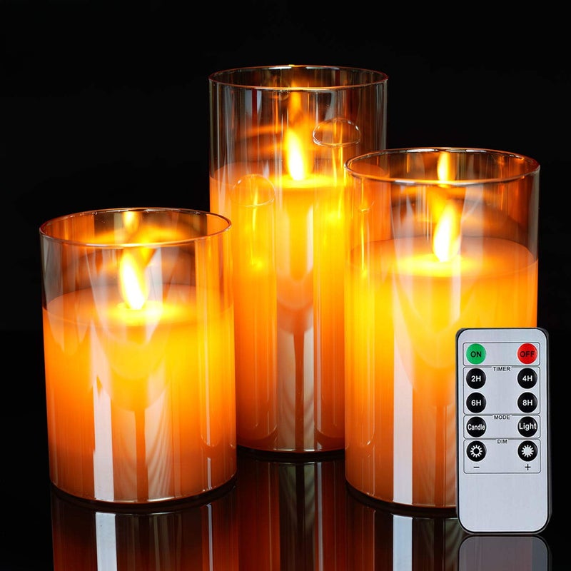 5plots Flickering Flameless Candles, Battery Operated Glass LED Pillar Candles with Remote Control and Timer, Wax, Set of 3(Gold) - Image 3