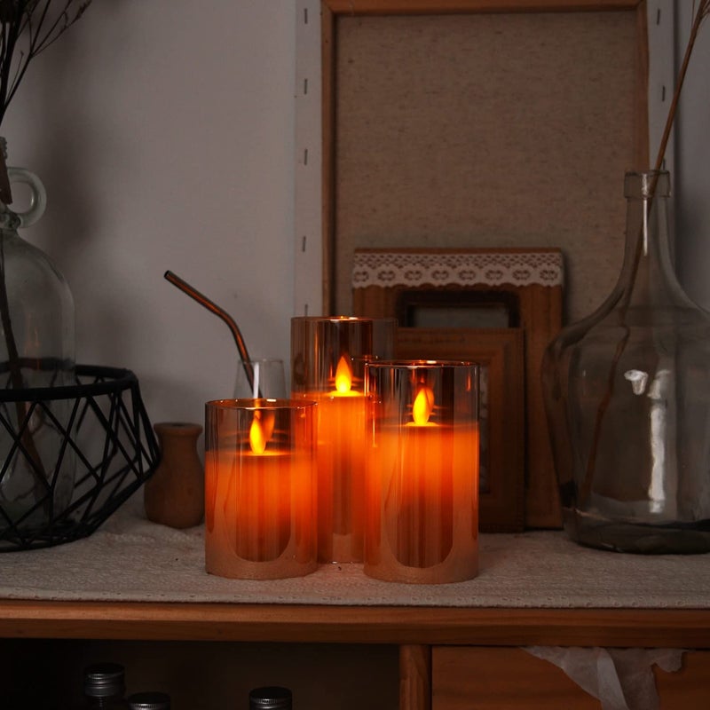 5plots Flickering Flameless Candles, Battery Operated Glass LED Pillar Candles with Remote Control and Timer, Wax, Set of 3(Gold) - Image 4