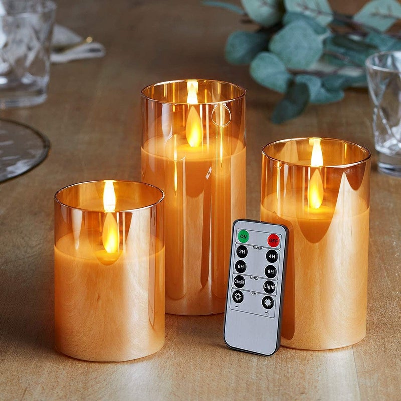 5plots Flickering Flameless Candles, Battery Operated Glass LED Pillar Candles with Remote Control and Timer, Wax, Set of 3(Gold) - Image 1