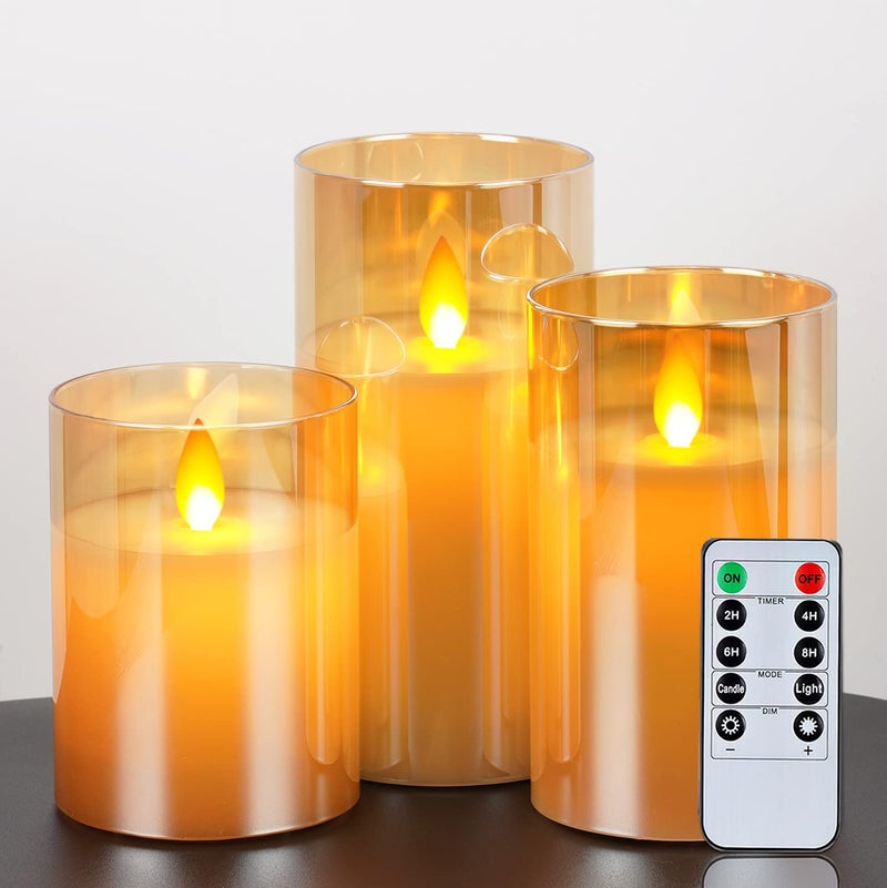 5plots Flickering Flameless Candles, Battery Operated Glass LED Pillar Candles with Remote Control and Timer, Wax, Set of 3(Gold) - Image 2