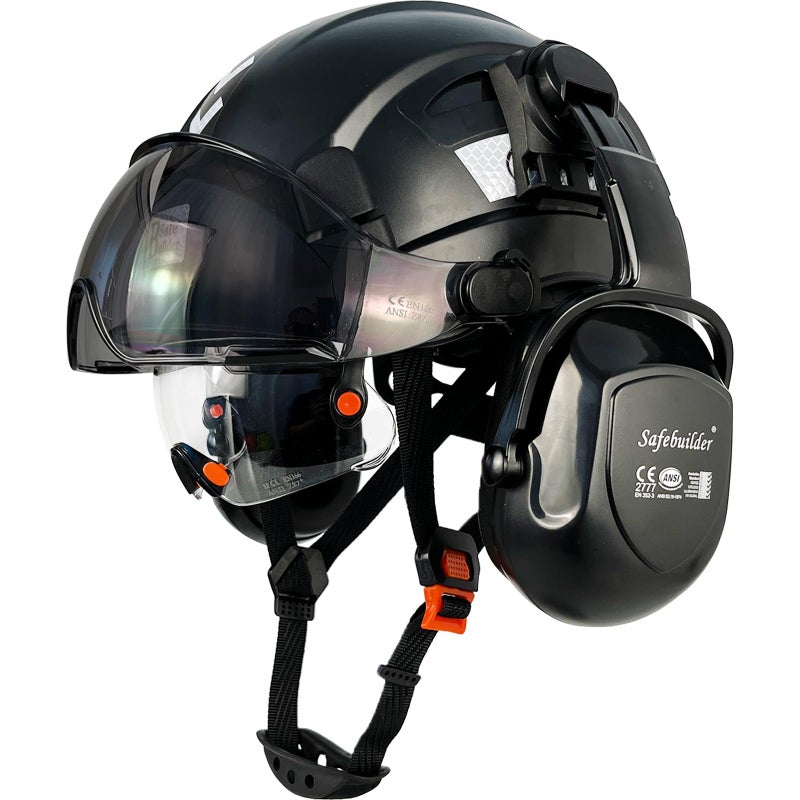 SAFEBUILDER Industrial Safety Helmet with Visor Ear Muffs Hard Hat with Visor Vented OSHA Approved Hardhats Construction Work Head Protection (Black Helmet with Clear & Tinted Visor & B07 Earmuffs) - Image 1