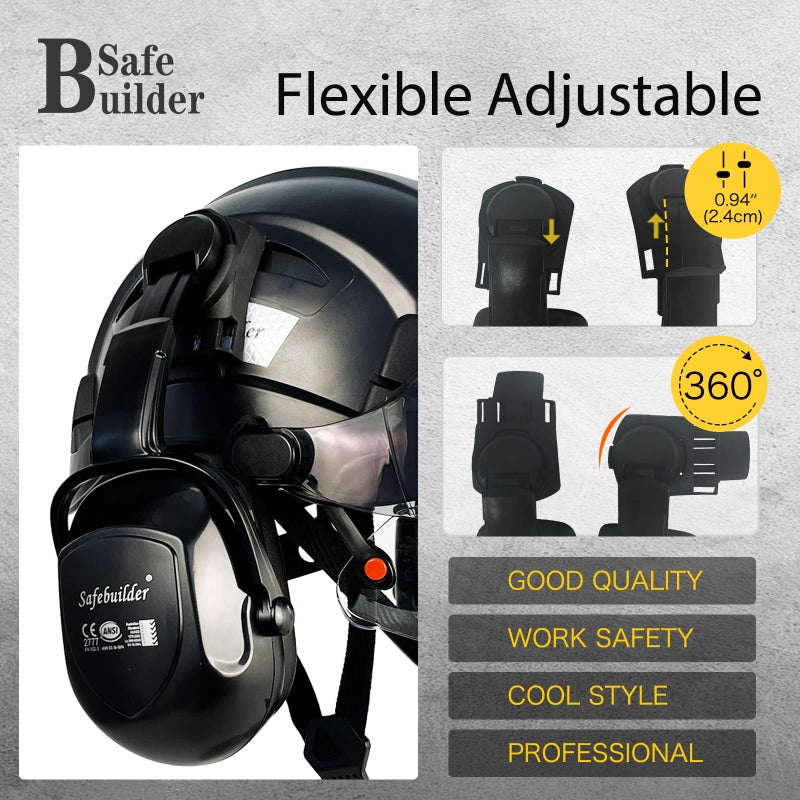 SAFEBUILDER Industrial Safety Helmet with Visor Ear Muffs Hard Hat with Visor Vented OSHA Approved Hardhats Construction Work Head Protection (Black Helmet with Clear & Tinted Visor & B07 Earmuffs) - Image 5