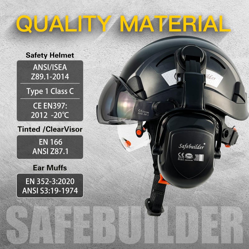 SAFEBUILDER Industrial Safety Helmet with Visor Ear Muffs Hard Hat with Visor Vented OSHA Approved Hardhats Construction Work Head Protection (Black Helmet with Clear & Tinted Visor & B07 Earmuffs) - Image 3