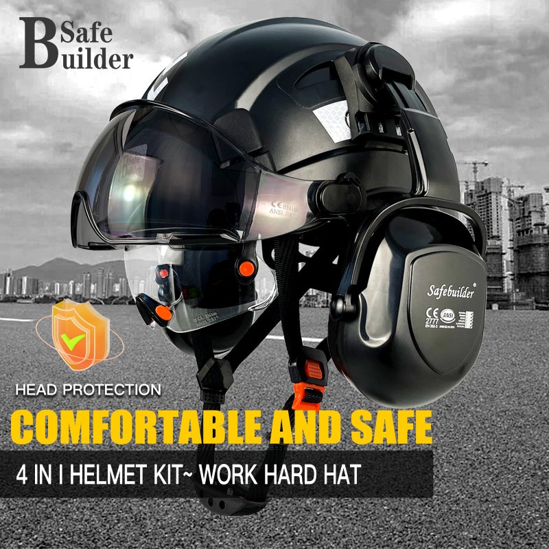 SAFEBUILDER Industrial Safety Helmet with Visor Ear Muffs Hard Hat with Visor Vented OSHA Approved Hardhats Construction Work Head Protection (Black Helmet with Clear & Tinted Visor & B07 Earmuffs) - Image 2