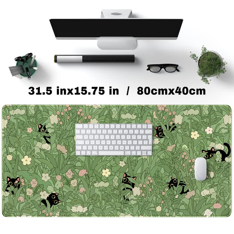 YKJWW Green Desk Mat XL Cat Cute Plant Cool Desk Pad Keyboard Mat Kawaii Black Cat Flower Mouse Pad Green Desk Mat Desk Decor with Stitched Edges Non-Slip Large Computer Mat 31.5x15.7in - Image 2
