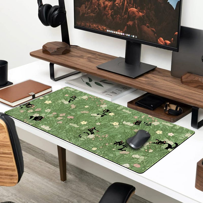 YKJWW Green Desk Mat XL Cat Cute Plant Cool Desk Pad Keyboard Mat Kawaii Black Cat Flower Mouse Pad Green Desk Mat Desk Decor with Stitched Edges Non-Slip Large Computer Mat 31.5x15.7in - Image 4