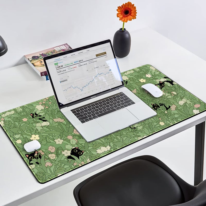 YKJWW Green Desk Mat XL Cat Cute Plant Cool Desk Pad Keyboard Mat Kawaii Black Cat Flower Mouse Pad Green Desk Mat Desk Decor with Stitched Edges Non-Slip Large Computer Mat 31.5x15.7in - Image 3