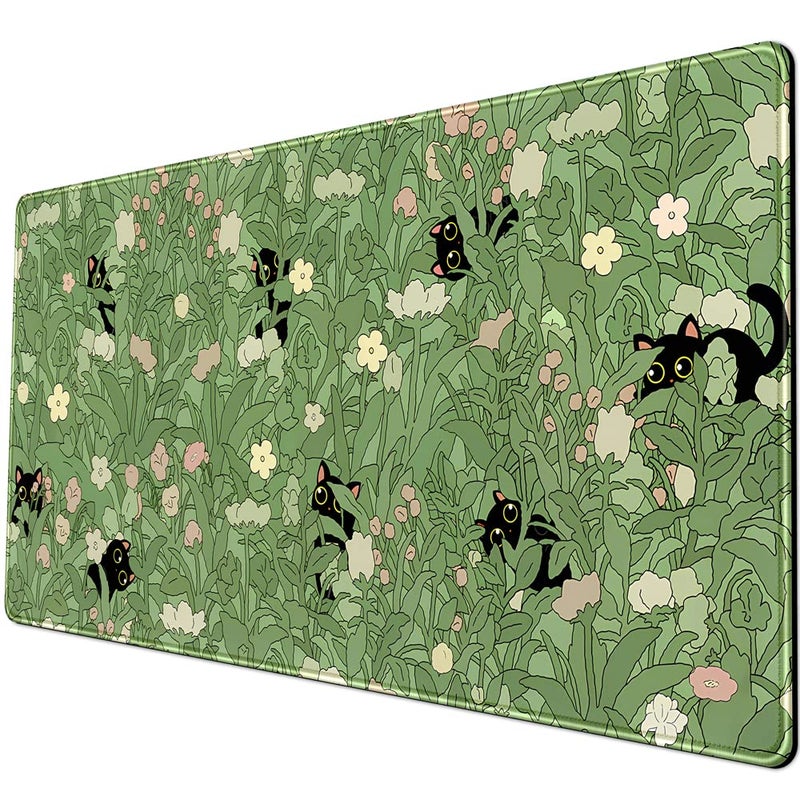 YKJWW Green Desk Mat XL Cat Cute Plant Cool Desk Pad Keyboard Mat Kawaii Black Cat Flower Mouse Pad Green Desk Mat Desk Decor with Stitched Edges Non-Slip Large Computer Mat 31.5x15.7in - Image 5